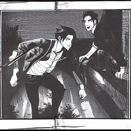 Prompt: two young men, one man human, one man vampire, night, on a birdge anime style