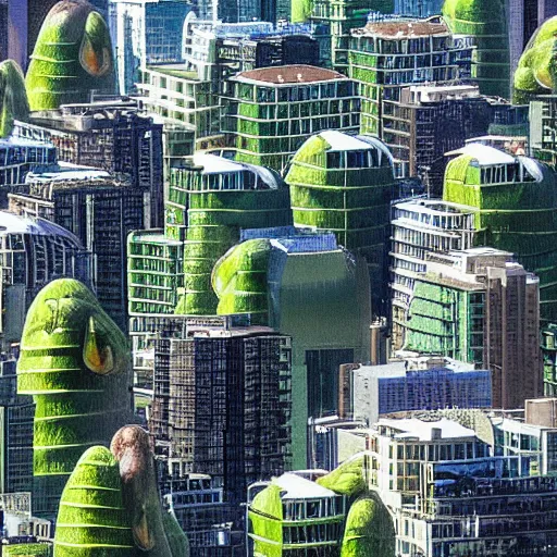 Prompt: a city whose buildings are all in the shape of avocados