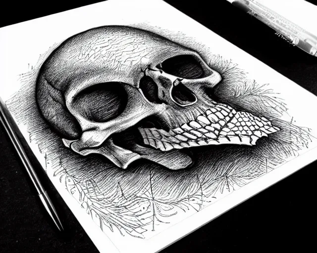 Prompt: Justin Bartlett dotwork biro pen drawing of a skeleton