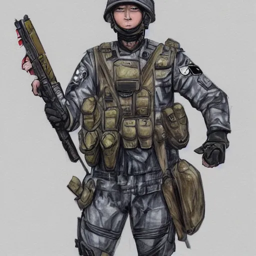 Image similar to a perfect, realistic professional digital sketch of Chinese SWAT soldier in style of Marvel, full length, by pen and watercolor, by a professional French artist on ArtStation, on high-quality paper