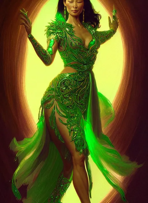 Image similar to lucy liu as green goddess, intricate, elegant, glowing lights, highly detailed, digital painting, artstation, full figure, glamor pose, concept art, smooth, sharp focus, illustration, art by artgerm and greg rutkowski, artey freytag