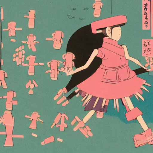 Image similar to a japanese woman battles pink robots, illustrated, detailed