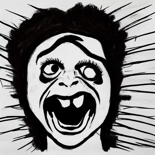 Image similar to portrait of crazy eyed model screaming black ink on paper