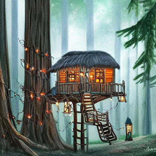 Image similar to detailed concept art of a cozy treehouse with fairy lights, in a redwood forest