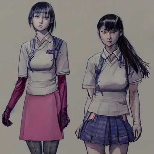 Image similar to a perfect, realistic sci-fi professional digital concept sketch of two Japanese schoolgirls posing, in style of Marvel, full length, by pen and watercolor, by a professional American senior artist on ArtStation, a high-quality hollywood-style sketch, on high-quality paper