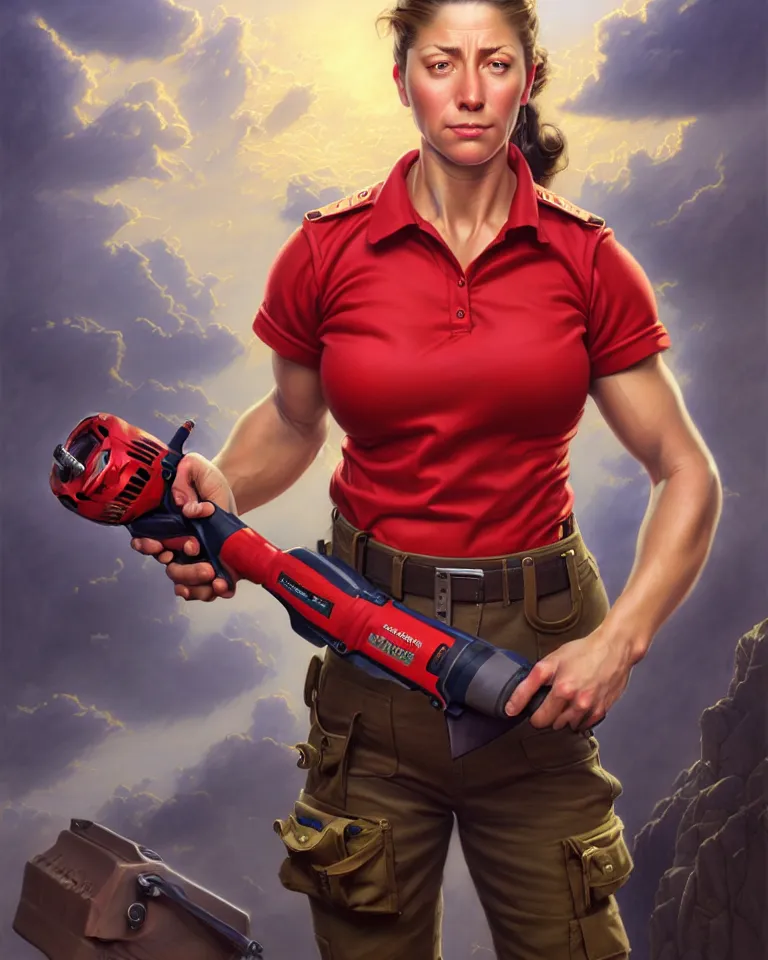 Image similar to epic portrait a slightly muscular woman wearing short sleeved uniform and carrying a red power tool drill, detailed, centered, digital painting, artstation, concept art, donato giancola, Joseph Christian Leyendecker, WLOP, Boris Vallejo, Breathtaking, 8k resolution, extremely detailed, beautiful, establishing shot, artistic, hyperrealistic, beautiful face, octane render