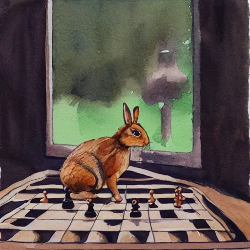 Image similar to first person view, playing chess against a rabbit, watercolour realism