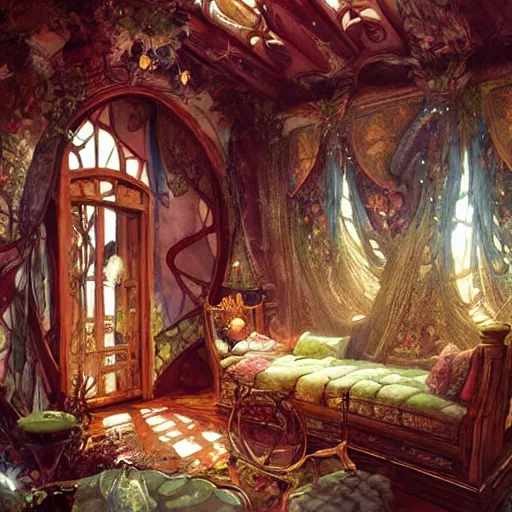 Image similar to a beautiful interior of a fairy castle, fully decorated, furnished with fairy furniture, fairy aesthetics, concept art, by greg rutkowski, alphonso mucha and elena dudina. high details, illustration, beautiful illumination