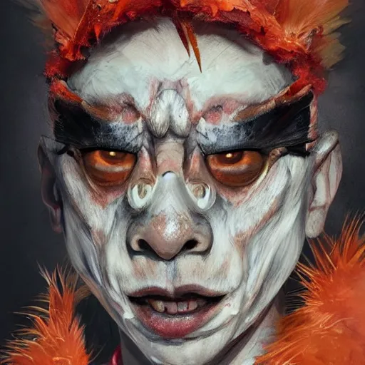 Image similar to scary portrait of an asian man dressed as a chicken, the chicken man, man dressed as a chicken, highly detailed painting by dustin nguyen, akihiko yoshida, greg tocchini, greg rutkowski, cliff chiang, 4 k resolution, trending on artstation, 8 k, man dressed as a chicken