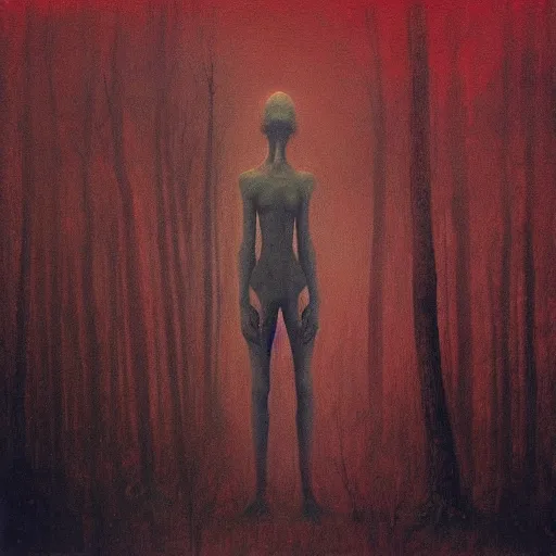 Prompt: “ tall figure in the woods, beksinski, dark, scary, red ”