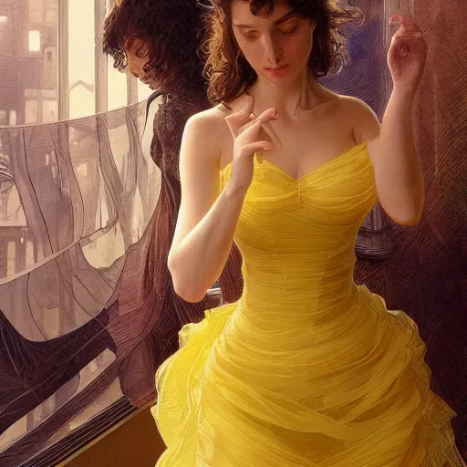 Image similar to a woman in a modern yellow organza dress dancing, ultra realistic, intricate, elegant, highly detailed, digital painting, artstation, smooth, sharp, focus, illustration, art by artgerm and greg rutkowski and alphonse mucha,
