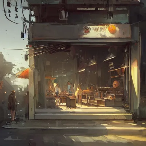 Prompt: concept art a singaporean neighborhood coffee shop, by greg rutkowski