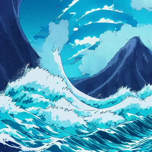 Image similar to tumultuous plunging waves, anime artwork, studio ghibli, stylized in an anime format, 4 k quality, trending on artstation