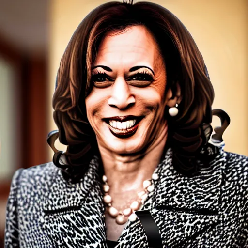 Prompt: kamala harris dressed like cruella deville from 1 0 1 dalmatians, cinematic lighting, hd 4 k photo