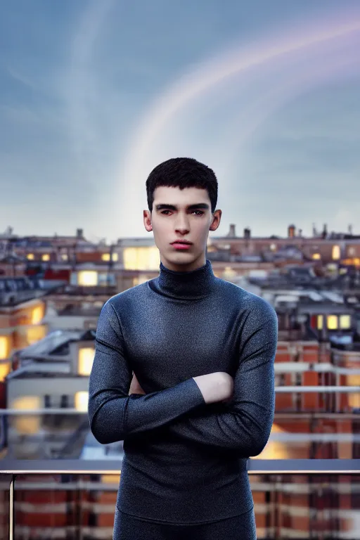 Image similar to un ultra high definition studio quality photographic art portrait of a young man standing on the rooftop of a british apartment building wearing soft padded silver pearlescent clothing. three point light. extremely detailed. golden ratio, ray tracing, volumetric light, shallow depth of field. set dressed.