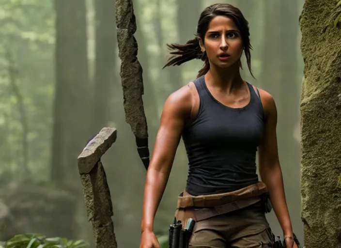 Image similar to film still of!!!! naomi scott!!! as lara croft in new tomb raider movie, 8 k