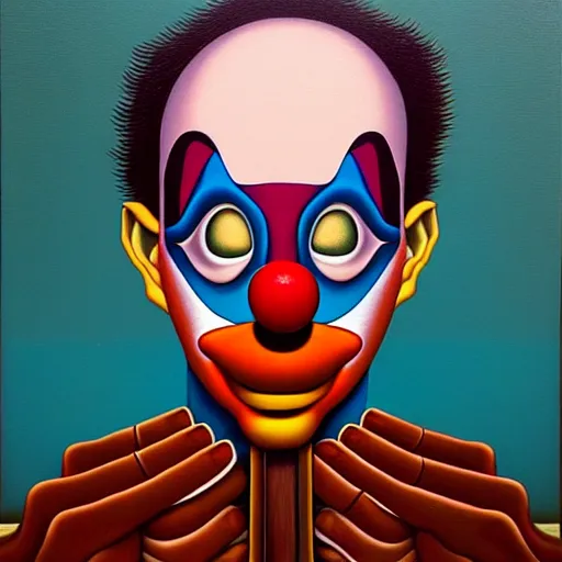 Prompt: a candy - colored clown they call the sandman tiptoes to my room every night. by jeffrey smith, oil on canvas