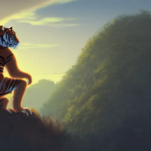 Prompt: anthropomorphic tiger bandit in swamplands gazing at the sunset, cinematic, studio ghibli, wide shot, dramatic lighting, dynamic, ultra realistic, ultra detailed, 8 k, thin line work, trending on artstation