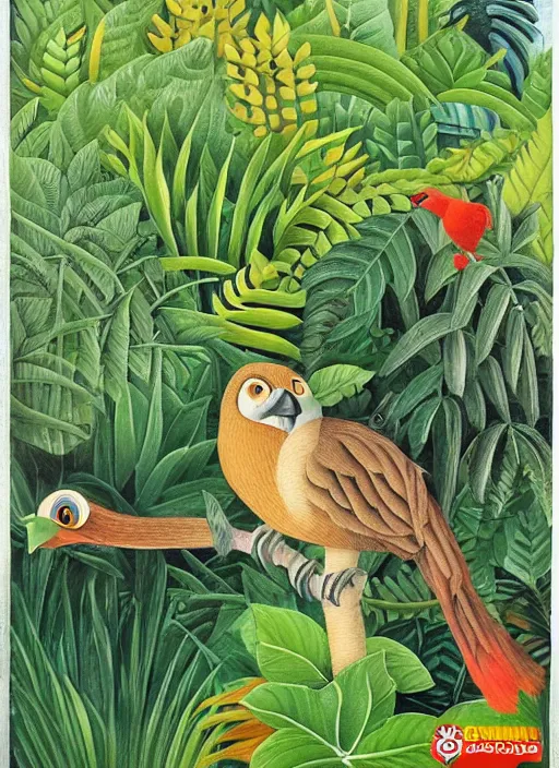 Prompt: rare bird in the jungle, highly detailed, style of henri rousseau and richard scarry