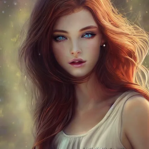 Image similar to a gorgeous female photo, professionally retouched, soft lighting, wearing sundress, illuminated by moonlight realistic, smooth face, redhead, light freckles, perfect eyes, wide angle, sharp focus on eyes, 8 k high definition, insanely detailed, intricate, elegant, art by artgerm and wlop