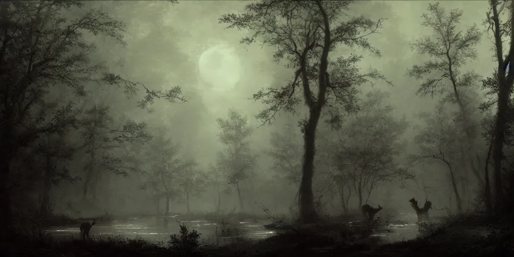 Image similar to [ a dark scene of a dense forest at night with a gentle stream through it, moonlight through trees, volumetric light and mist, fog, deer drinking from the stream ], andreas achenbach, artgerm, mikko lagerstedt, zack snyder, tokujin yoshioka