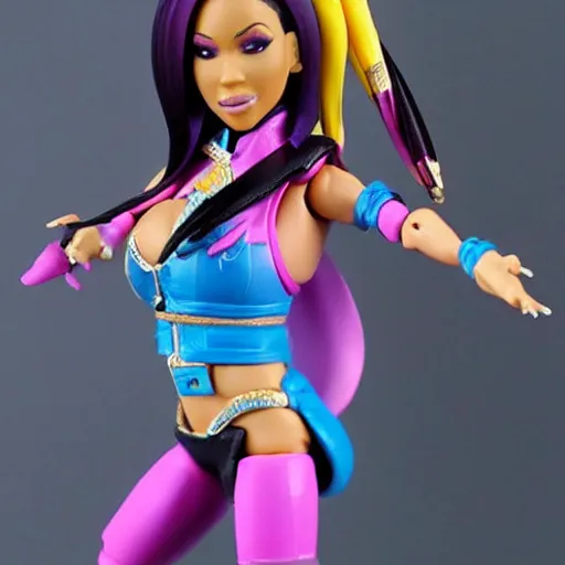Prompt: Rapper Nicki Minaj as an action figure. PVC posable figure with 5 points of articulation. Curvy female bright clothes. makeup. Classic action figure.