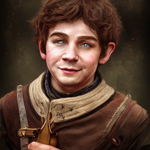 Prompt: realistic portrait of a halfling male, happy, bard, short hair, lute, intricate details, cinematic, photo, fantasy, medieval, trending on artstation, digital art, in the style of wizards of the coast