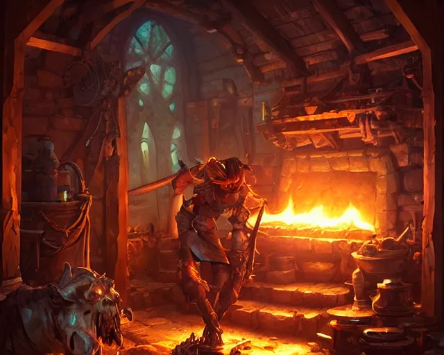 Prompt: blacksmith interior glowing forge many weapons dirty and messy, deep focus, d & d, fantasy, intricate, elegant, highly detailed, digital painting, artstation, concept art, matte, sharp focus, illustration, hearthstone, art by artgerm and greg rutkowski and alphonse mucha