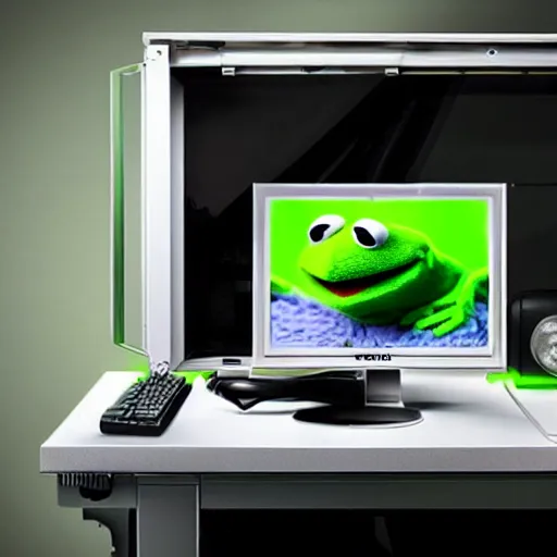 Image similar to “Kermit the frog builds a pc, leaning over a pc computer case with a screwdriver, 4k photo unreal”