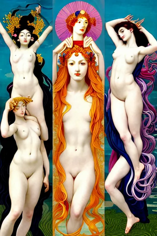 Image similar to 3 Summer Deities, (one representing each month of June, July, and August), in a style blending Æon Flux, Peter Chung, Shepard Fairey, Botticelli, Ivan Bolivian, and John Singer Sargent, inspired by pre-raphaelite paintings, shoujo manga, and cool Japanese street fashion, dramatically contrasting warm and vivid colors, hyper detailed, super fine inking lines, ethereal atmosphere, sfumato, 4K extremely photorealistic, Arnold render