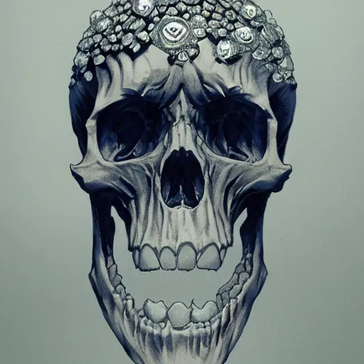 Prompt: the diamond skull, Artwork by Kim Jung Gi, Greg Rutkowski, Zabrocki, Karlkka, Jayison Devadas, Phuoc Quan, trending on Artstation, 8K, ultra wide angle, pincushion lens effect