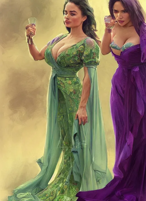 Prompt: lindsey pelas and emilia clarke wearing a green kebaya with purple sash, digital painting, artstation, concept art, sharp focus, illustration, art by artgerm and greg rutkowski and alphonse mucha