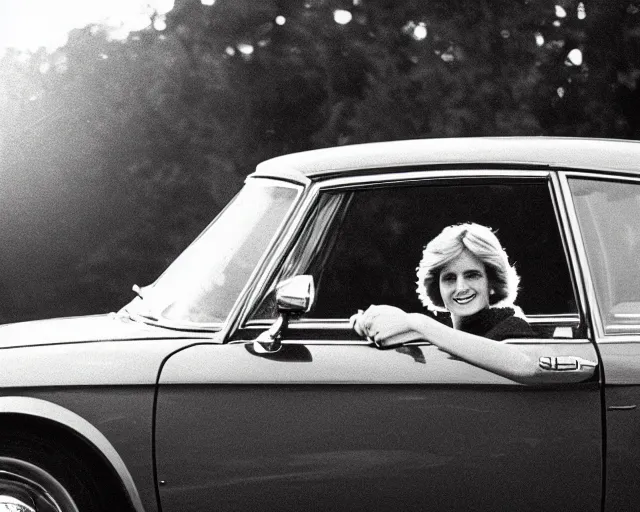 Prompt: sepia-toned vintage photograph of princess diana in an old Subaru, lens flare