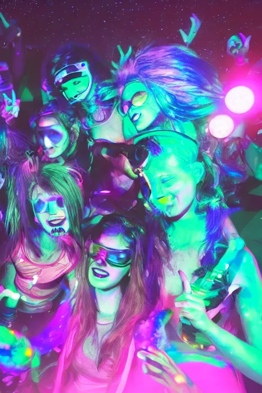 Prompt: Rave girls at a dance club on the moon, glowsticks, neon hair, midriff, astronaut dj, dramatic lighting, cinematic, establishing shot, extremely high detail, foto realistic, cinematic lighting, post processed, concept art, high details, cinematic, 8k resolution, beautiful detailed, photorealistic, digital painting, artstation, concept art, smooth, sharp focus, artstation trending, octane render, unreal engine