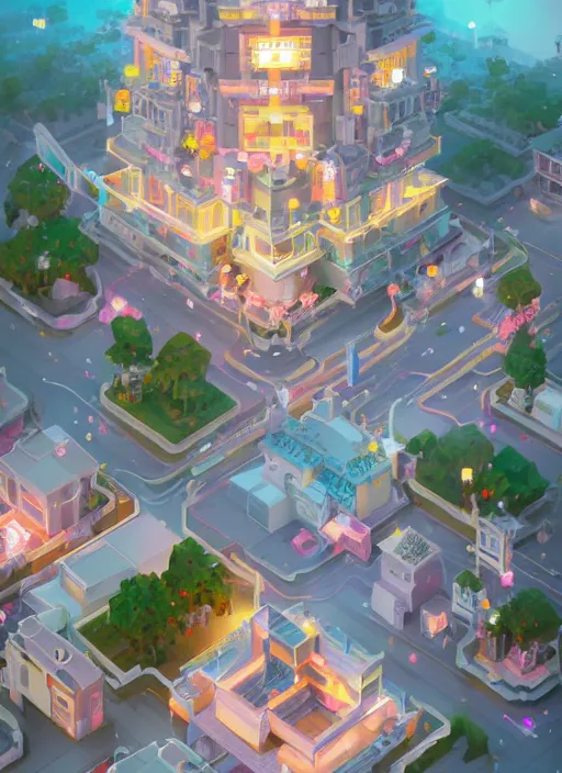 Image similar to sparkling pastel cute voxel art of a town city, behance, artstation, cute, Japanese, 3d render, unity, beautiful lighting, extremely beautiful, very beautiful award winning art Huang Guangjian and Gil Elvgren and Sachin Teng , Greg Manchess