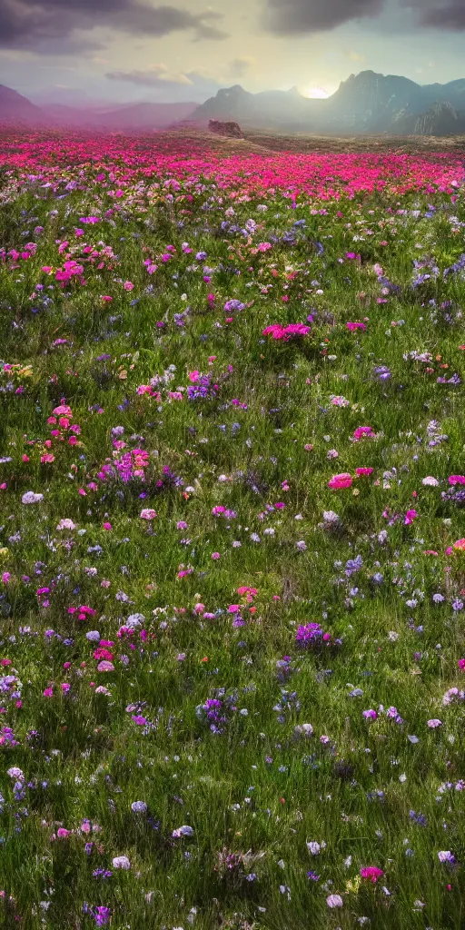 Image similar to an aesthetic field of flowers, alpines, greg rutkowski, zabrocki, karlkka, jayison devadas, trending on artstation, 8 k, ultra wide angle, zenith view, pincushion lens effect