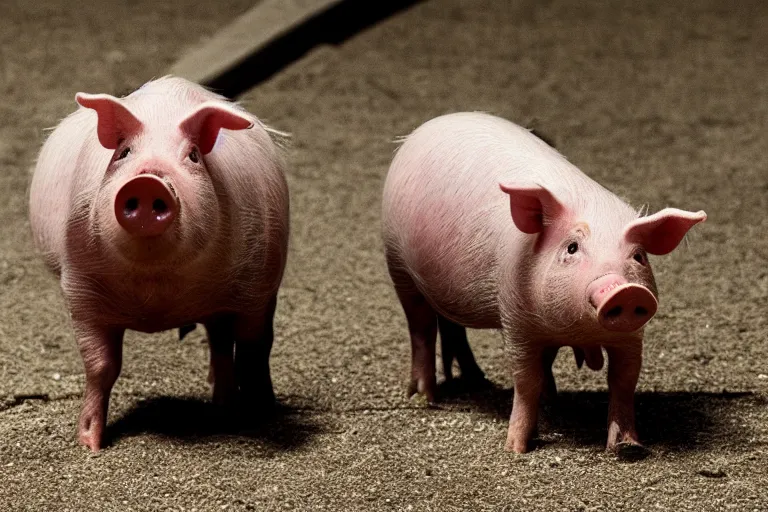 Image similar to movie scene closeup pig wearing a suit at a pidium. by emmanuel lubezki