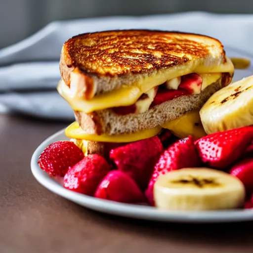 Image similar to a 5 0 mm macro shot of a grilled cheese sandwich with bananas and strawberries