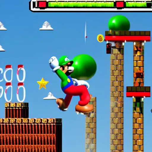 Prompt: super mario bros jumps from tall building