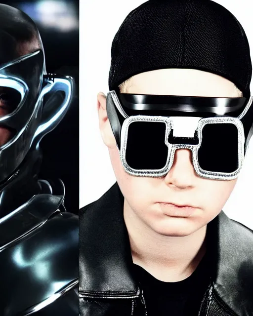 Image similar to young eminem wearing a futuristic mechanical mask with amber eye reflective lenses, and black leather body armor.