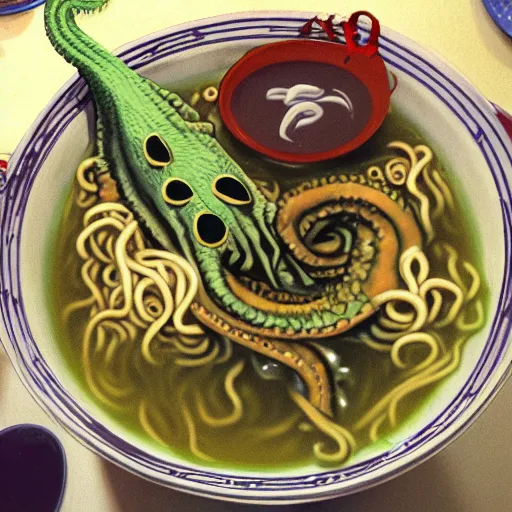 Prompt: Cthulhu monster using its tentacle sitting at table eating ramen