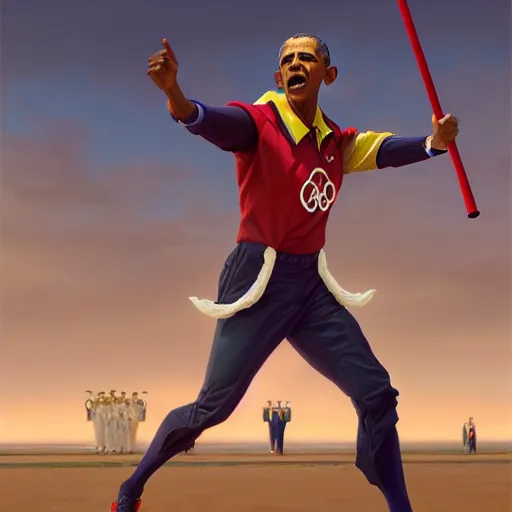 Prompt: barrack obama throwing a javelin in traditional olympic uniform, detailed, digital painting, artstation, concept art, donato giancola, joseph christian leyendecker, wlop, establishing shot, artistic, hyper realistic, octane render