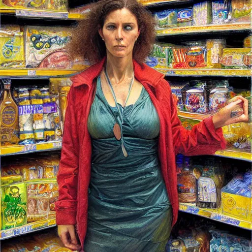 Image similar to portrait of a female survivor in the supermarket, by donato giancola.