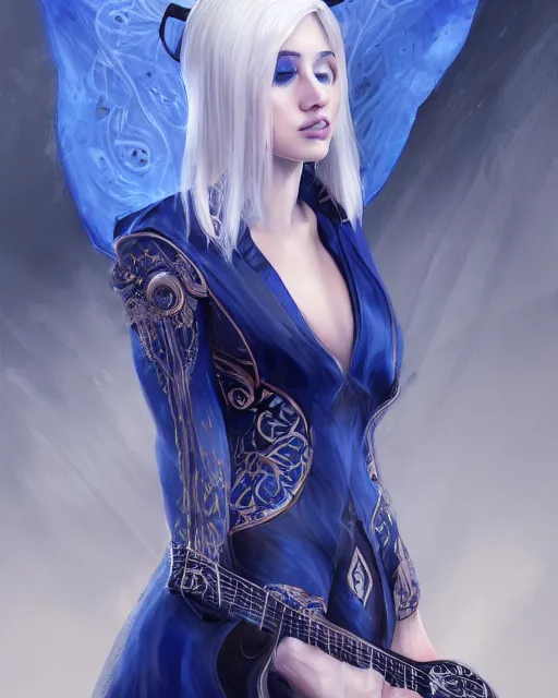 Prompt: A mysterious girl with hooded cobalt-blue eyes and silky white hair, guitar shape build, her wardrobe is attractive, full body, fantasy art, in the style of Fernando Juarez, illustration, epic art, fantasy, intricate, elgant, amazing detail, digital painting, artstation, concept art, smooth, sharp focus