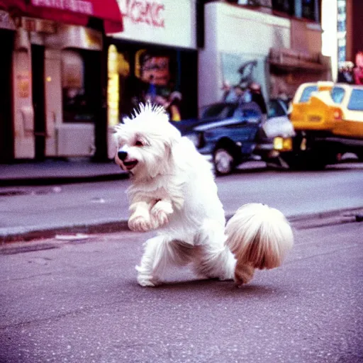 Prompt: “cream colored havanese dog break dancing in New York, 1988, 25mm Kodachrome photography”