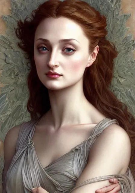 Image similar to sansa angeline jolie, intricate, elegant, highly detailed, digital painting, artstation, concept art, smooth, sharp focus, illustration, art by artgerm and greg rutkowski and alphonse mucha and william - adolphe bouguereau