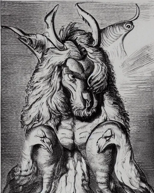 Image similar to a creature with the body and eyes of a man, with the beak of an eagle, the mane of a lion, and the horns of an ox. drawn by francis bacon