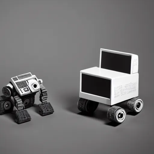Prompt: Gorgeous isometric product photography of WALL-E designed by Dieter Rams
