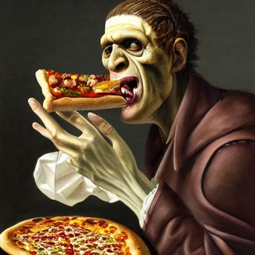 Image similar to hyper realistic painting of frankenstein eating a slice of pizza with his mouth wide open