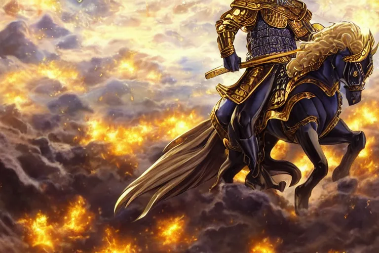 Image similar to an ultra detailed portrait of king richard the lionhearted as a shonen anime protagonist charging into battle wearing bright gold armor and riding a horse bless by god, 8 k, volumetric lighting, smooth, highly detailed, digital illustration, art by kentaro miura and akira toriyama and artgerm